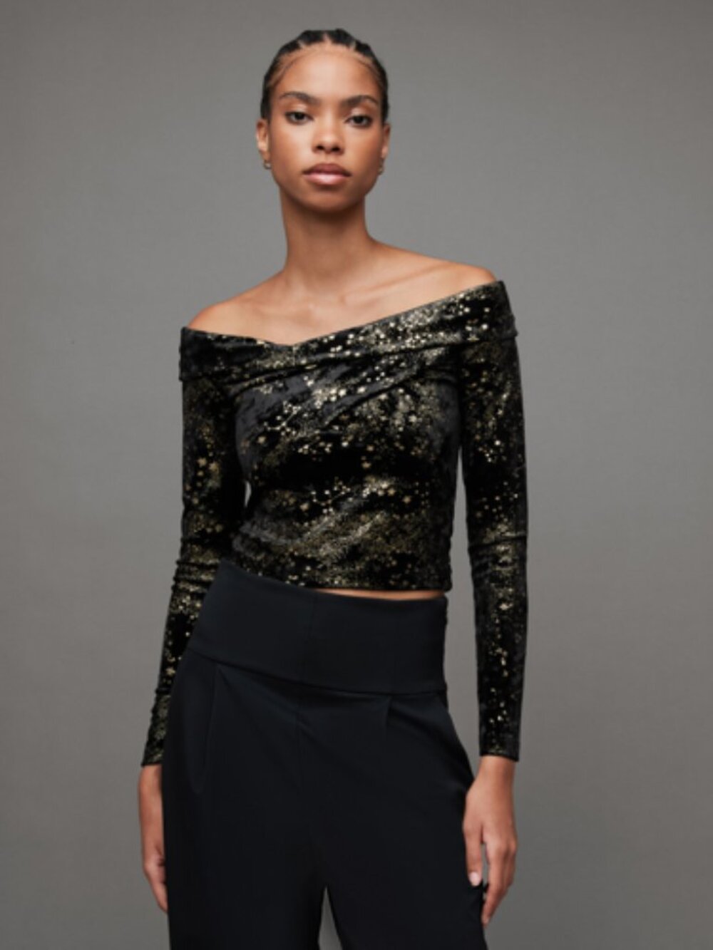 AllSaints Delta Star Off-Shoulder Velvet Top Black Sz. 6